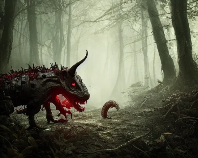 Image similar to 5 5 mm portrait photo of an armored demonic rat zombie with horns and red eyes, in a magical forest. magical atmosphere. art by greg rutkowski. highly detailed 8 k. intricate. lifelike. soft light. nikon d 8 5 0.