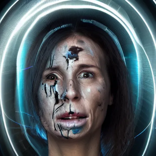 Prompt: woman with tattered face displaying pure pain stuck in a space time continuum of suffering in a black hole, highly detailed, 8 k