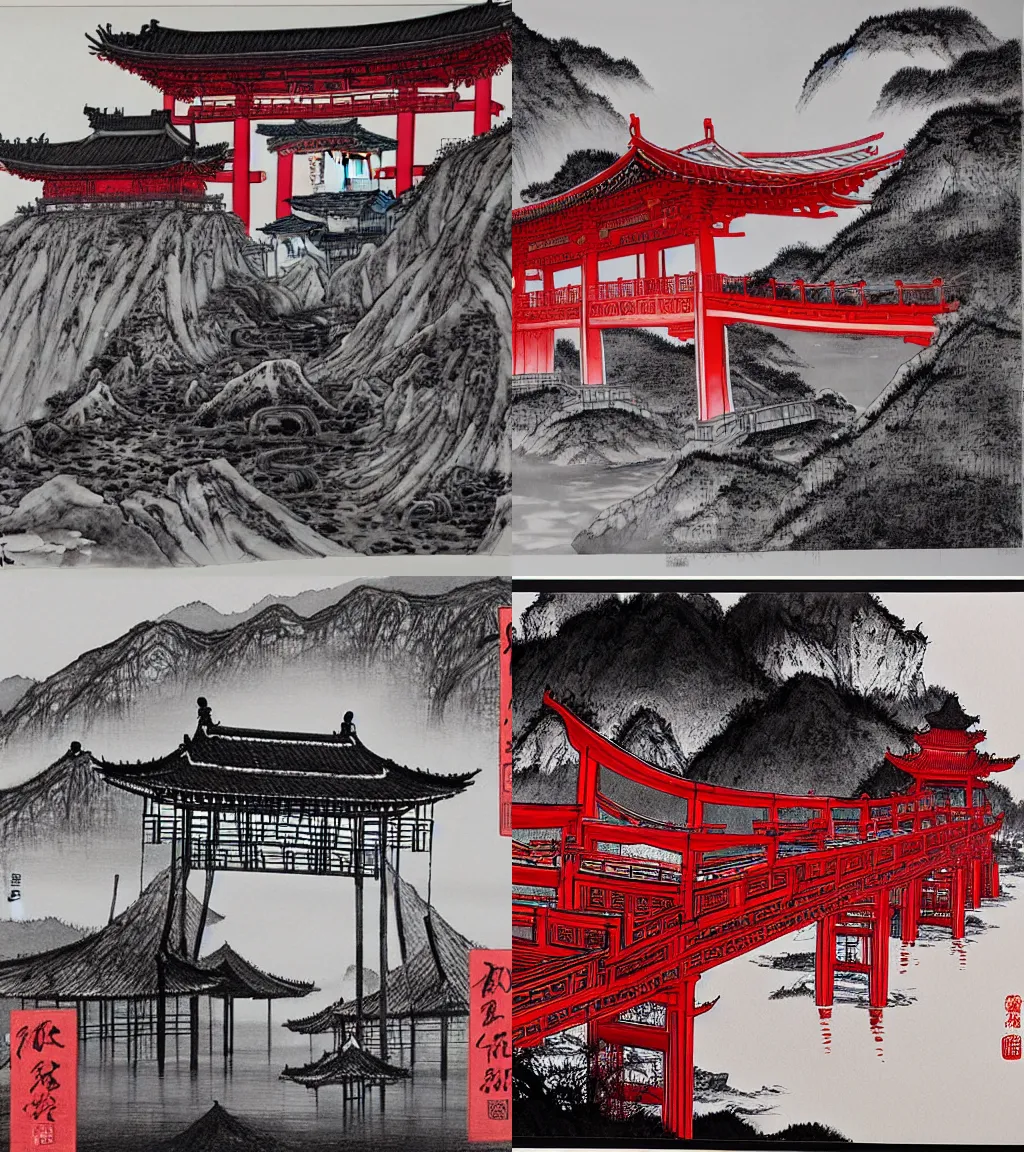 Prompt: ink painting of a chinese red bridge by george tsui, gu kaizhi, tsutomu nihei
