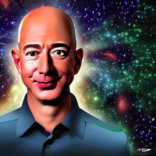 Prompt: Jeff Bezos as a cosmic horror with a cosmic background. Epic digital art