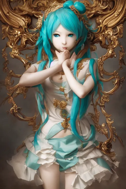 Image similar to Hatsune Miku, dramatic, elaborate emotive Baroque and Rococo styles to emphasize beauty as a transcendental, 8k image, ultra-realistic, the style of WLOP