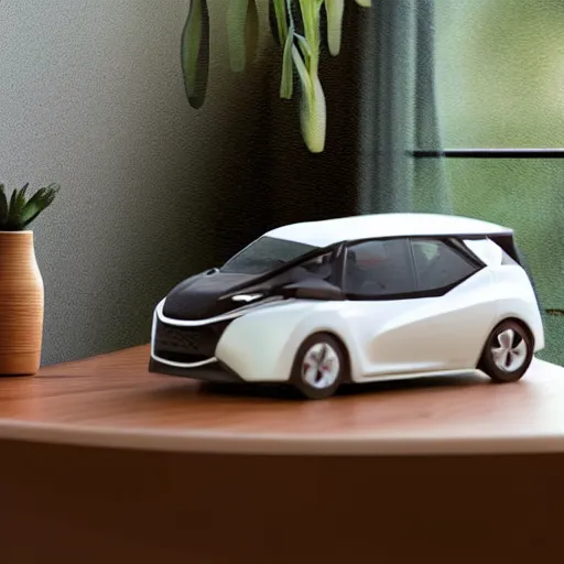 Image similar to a small miniature of a Hyundai N vision 74 on a white table near a vase with a plant near a window at sunset, concept car, 3d render, unreal engine 5, octane render, 4k, low contrast, ray tracing, serene landscape, calm, relaxing, beautiful landscape, highly detailed, high quality, product photo, hyperrealistic, concept art, symmetrical, centered, godrays