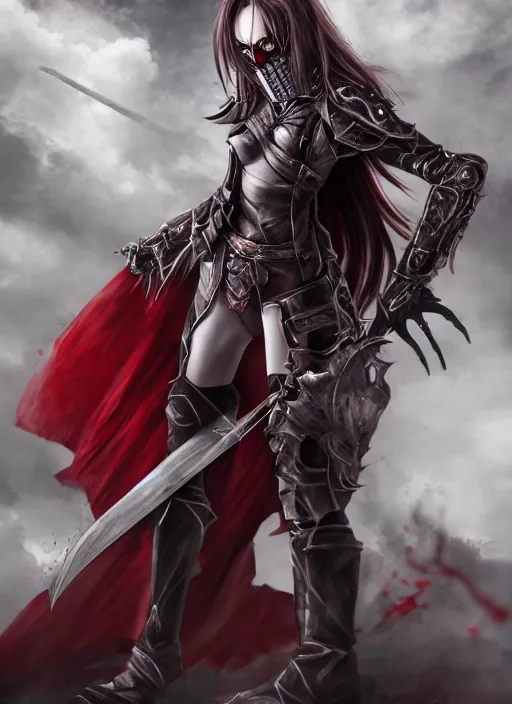 Image similar to female vampire knight, flying, barefoot, black plate armor, realistic armor, monstrous mask, giant two - handed sword dripping blood, red wings, grinning, barefeet, detailed, reasonable fantasy.