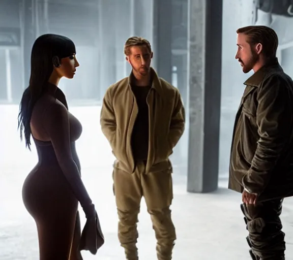 Prompt: a movie still of kim kardashian talking with ryan gosling in the movie blade runner 2 0 4 9