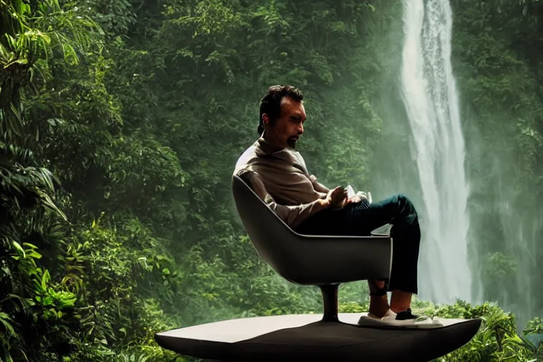 Image similar to movie closeup young man with a grey beard in a cyberpunk suit sitting on a futuristic chair at the edge of a jungle waterfall by emmanuel lubezki