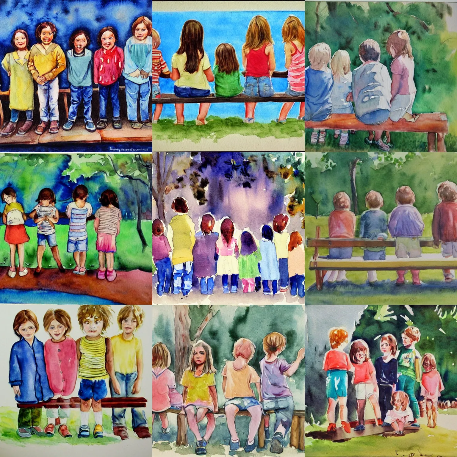 Prompt: a painting of a group of children standing around a bench, watercolor, trending on pinterest, institutional critique, 1 9 7 0 s, childs drawing, movie poster