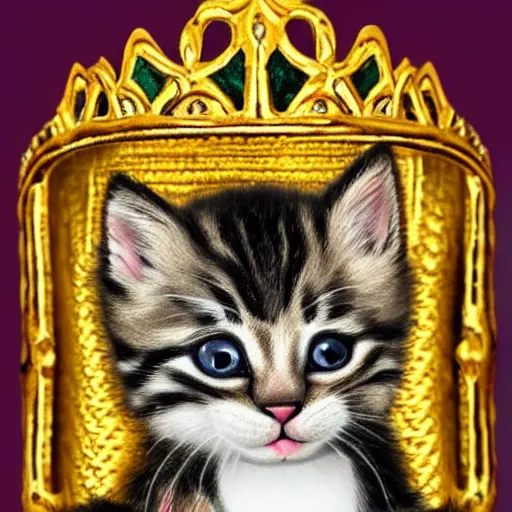 Image similar to a kitten emperor adorned in jewels. hyper realistic, king, gold crown, portrait