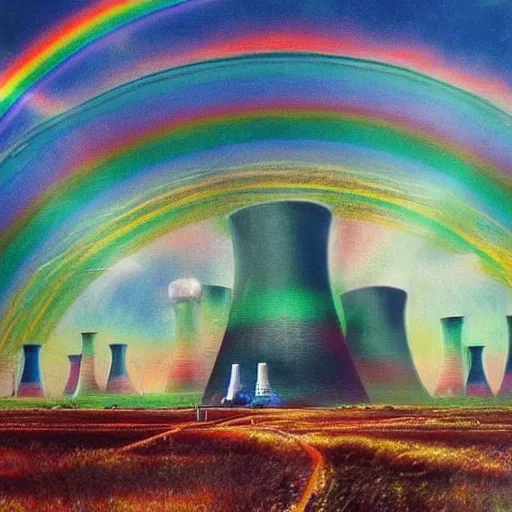 Image similar to A Masterpiece Landscape of a broken down nuclear power station, Nuclear blast imminent, nuclear reactor going critical. Rainbow Color Scheme