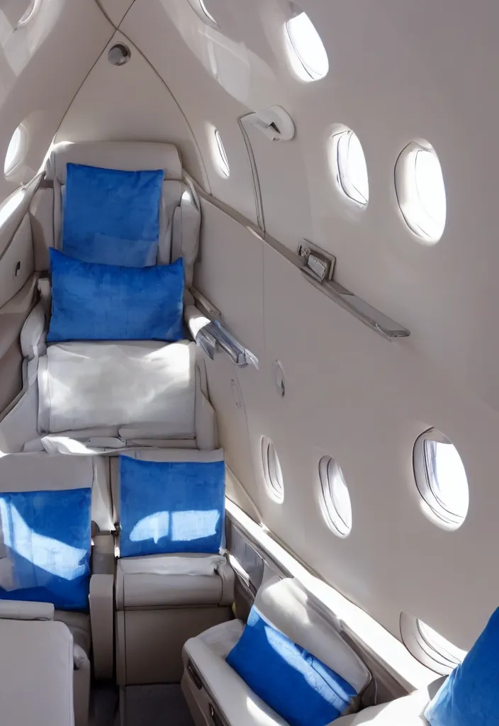 Prompt: Interior of a private jet with the blue sky visible in a window