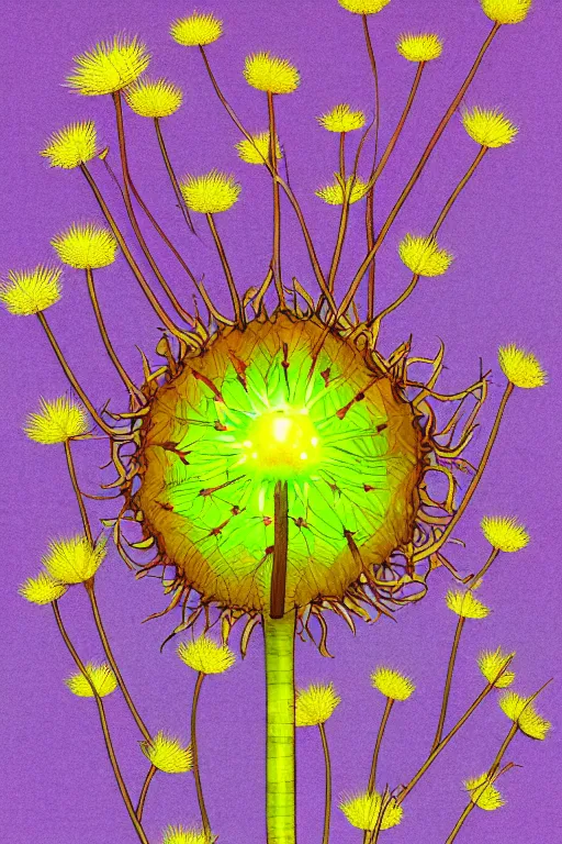 Prompt: glowing dandelion plant monster, amber eyes, highly detailed, digital art, sharp focus, ambient lighting, autumn, trending on art station, anime art style