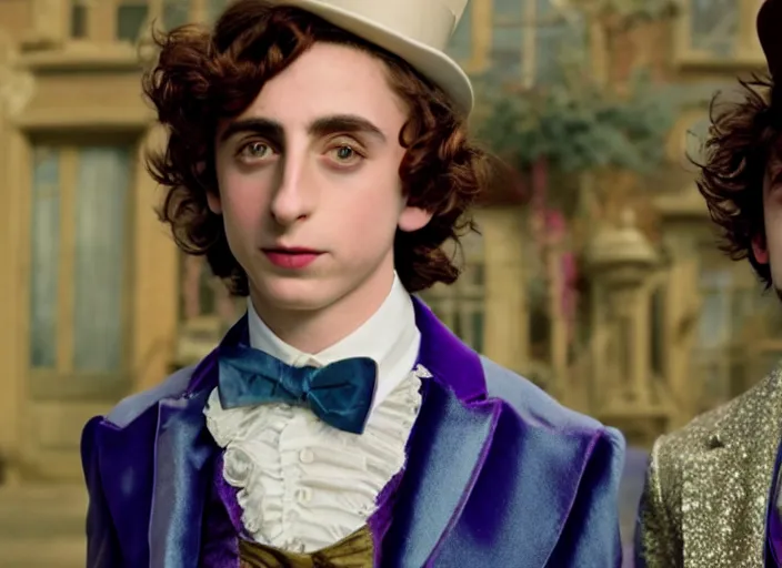 Prompt: film still of 26 year old Timothée Chalamet age 26 26 years old age 26 as Willy Wonka in new Willy Wonka movie, 4k