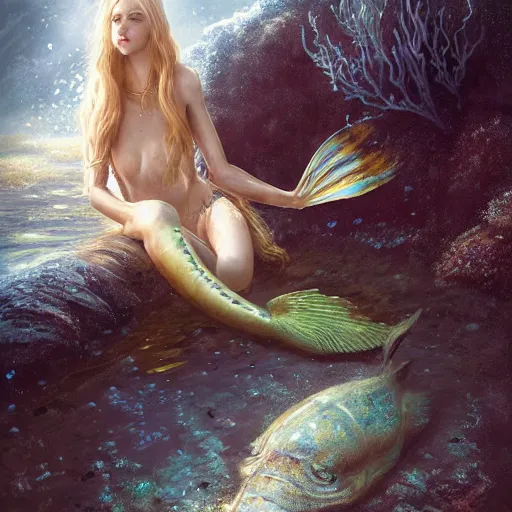 Image similar to High detail painting of a mermaid in a oyster, underwater fantasy world, full body, long blonde hair, blue eyes, fish tail, digital art, highly detailed, Greg Rutkowski, Chris Moore