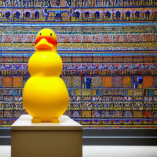 Image similar to wide shot, one photorealistic rubber duck in foreground on a pedestal in an museum gallery, british museum, the walls are covered with colorful geometric wall paintings in the style of sol lewitt, tall arched stone doorways, through the doorways are more wall paintings in the style of sol lewitt.