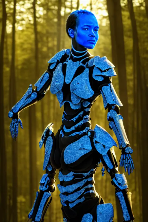 Image similar to hyperrealistic mithra goregous black woman exoskeleton bone armor in a forest sun behind her concept art eric zener elson peter cinematic blue light low angle hd 8k sharp shallow depth of field