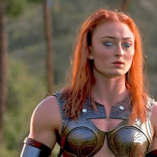 Image similar to still of muscular sophie turner in xena, six packs abs