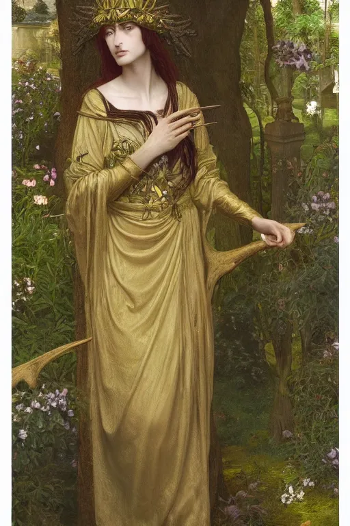 Prompt: beautiful priestess with antlers on her head in a garden | pre-Raphaelites | gleaming green and gold silk brocade| dramatic lighting | Evelyn De Morgan and John Waterhouse |unreal engine