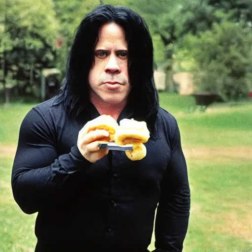 Prompt: glenn danzig at the park eating a banana split,