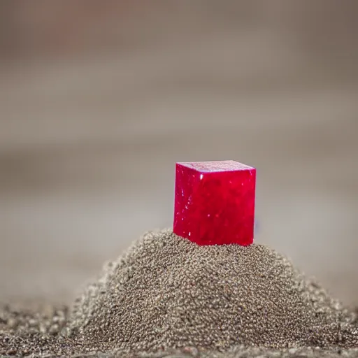 Image similar to cube shaped ruby standing on sand, macro photo, high detail, nikon d 8 1 0, ƒ / 5. 6, focal length : 6 0. 0 mm, iso : 2 0 0