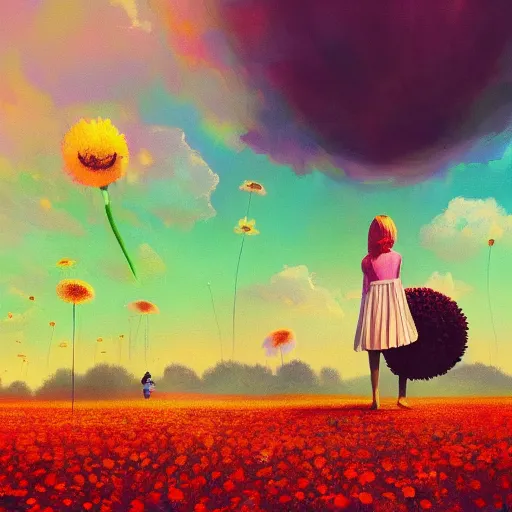 Image similar to giant daisy flower as a head, girl walking in flower field, surreal photography, sunrise, dramatic light, impressionist painting, colorful clouds, digital painting, artstation, simon stalenhag