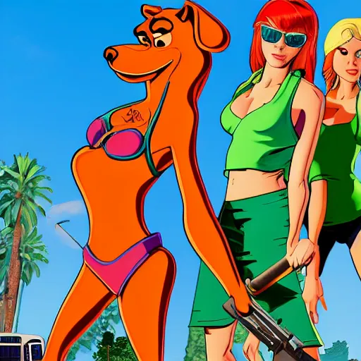 Prompt: Scooby Doo in GTA 5, cover art by stephen Bliss, no text, girls in bikinis in the background, holding a gun, trending on artstation