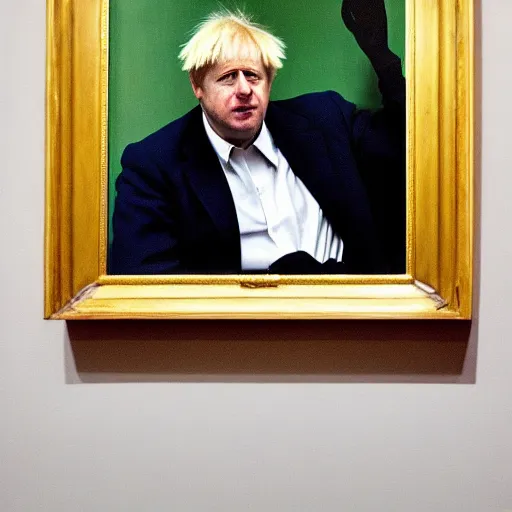 Image similar to a fine art portrait of british prime minister boris john wearing a tracksuit. in the style of edward hopper, richard hamilton and stanley kubrick.