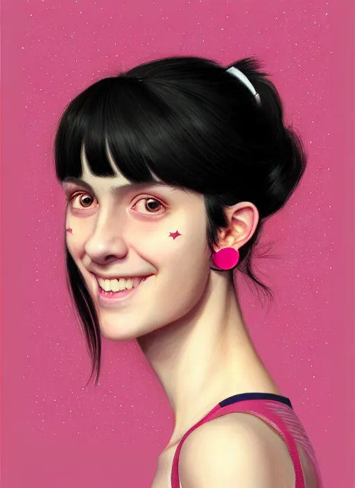 Image similar to portrait of teenage girl, realistic, black hair, bangs, half updo hairstyle, pointy nose, skinny, smile, ugly, defined jawline, big chin, pink hair bow, earrings, intricate, elegant, glowing lights, highly detailed, digital painting, artstation, sharp focus, illustration, art by wlop, mars ravelo and greg rutkowski