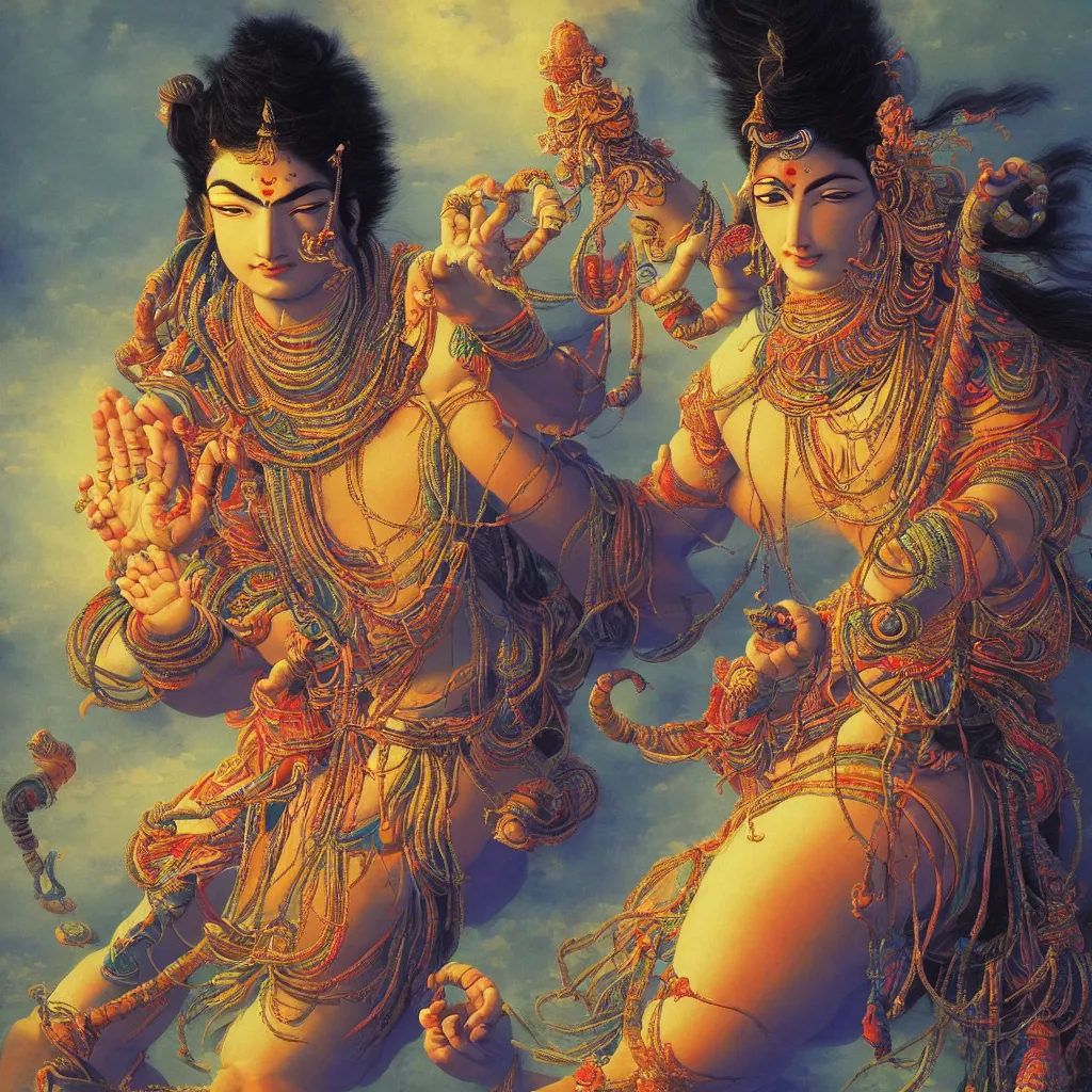 Prompt: One many-armed Shiva. Background in colorful patterns. High detail, hyperrealism, masterpiece, close-up, ceremonial portrait, solo, rich deep colors, realistic, art by Yoshitaka Amano, Ivan Aivazovsky