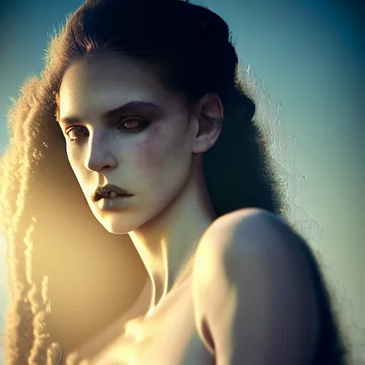 Image similar to photographic portrait of a stunningly beautiful gothic female in soft dreamy light at sunset, god rays, contemporary fashion shoot, by edward robert hughes, annie leibovitz and steve mccurry, david lazar, jimmy nelsson, breathtaking, 8 k resolution, extremely detailed, beautiful, establishing shot, artistic, hyperrealistic, beautiful face, octane render