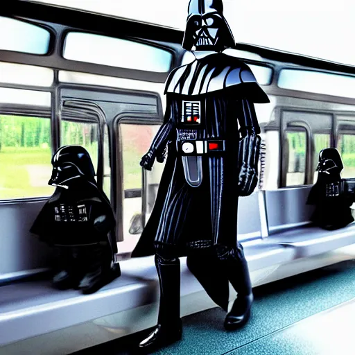 Image similar to Darth Vader taking the bus, photo realistic, award-winning, highly-detailed