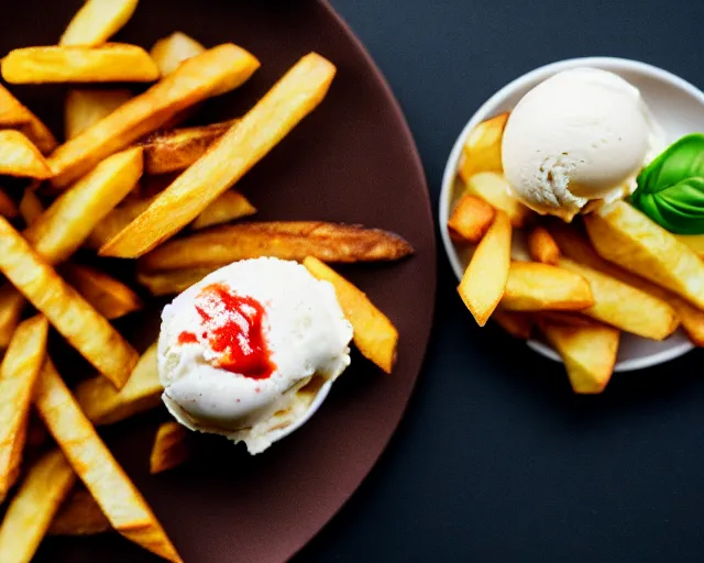 Image similar to dslr food photograph of vanilla ice cream with ketchup on, a leaf of basil on the ice cream, french fries on the side, bokeh, 8 5 mm f 1. 4