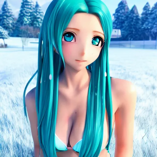 Prompt: render as a very beautiful 3d anime girl, full body, slim, long braided teal hair, azure blue eyes, full round face, short smile, cute bikini, snowy hills, cinematic lightning, medium shot, mid-shot, highly detailed, trending on Artstation, Unreal Engine 4k, cinematic wallpaper