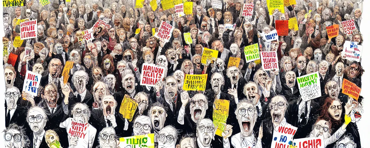 Prompt: an illustration of a crowd of very ordinary protestors with signs, front angle, by ralph steadman, illustration, ink splatters, pen and ink, flat color, colorful drawing, facing front, anatomically correct, beautiful perfect face, sharp focus, highly detailed, cinematic lighting, 8 k, hd