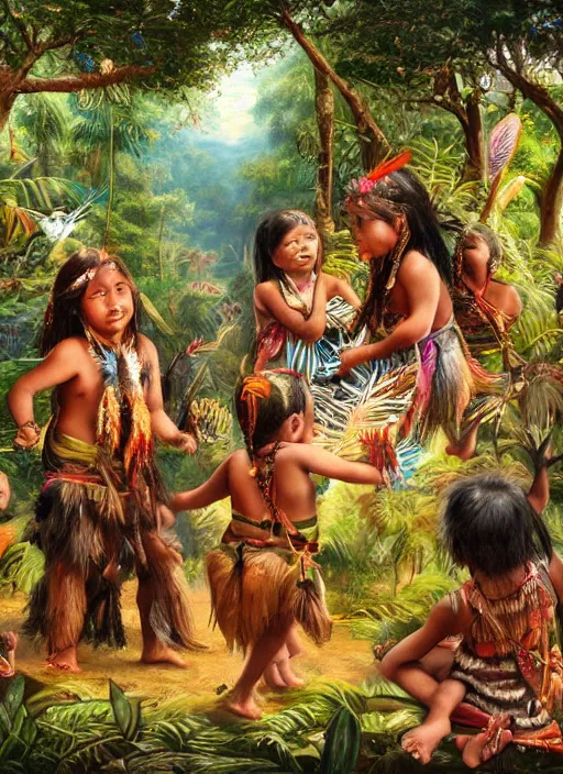 Prompt: a beautiful painting of indigenous children celebrating in the jungle, fantasy art, matte painting, highly detailed