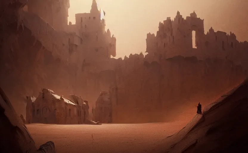 Prompt: painting of an interior medieval castle in the middle of desert with dunes by Greg Rutkowski and Craig Mullins, Dark atmospheric sad and cinematic lighting, Trending on artstation