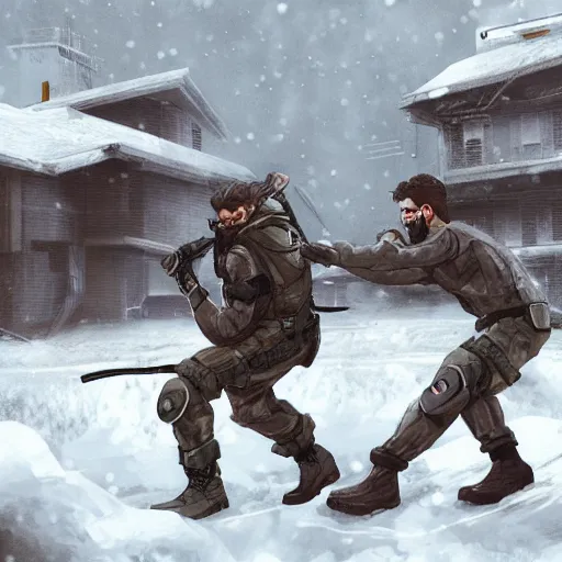 Image similar to Solid Snake from MGS and Gordon Freeman from Half-Life melee fight against each other on an abandoned military base, winter, very detailed, hyper realism, epic, close-up fight, digital art, concept art, illustration, artstation, cgi, 4k