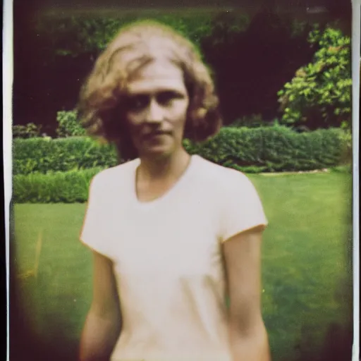 Image similar to woman standing in a french garden, unidentified being lurking behind her, bright summer day, washed out colors, polaroid