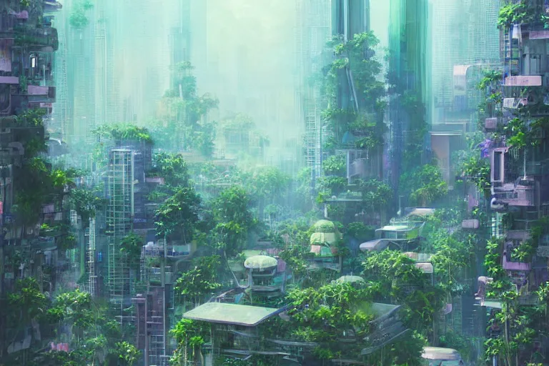 Image similar to futuristic city, lush vegetation, humid, early evening, diagonal view, geometric buildings, cloudy, beautiful, dull pastel colors, realistic, foggy, dreamy, nostalgic, bright, trending on artstation by yoshitaka amano and makoto shinkai, studio ghibli style