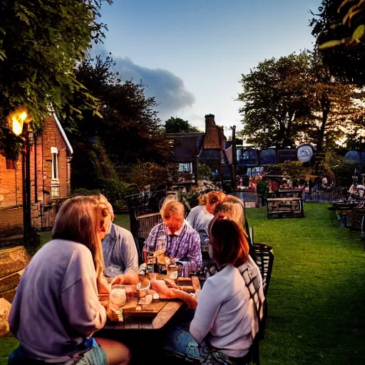 Image similar to an english pub garden at golden hour, attractive people are dancing and drinking pints of lager and smoking cigarettes