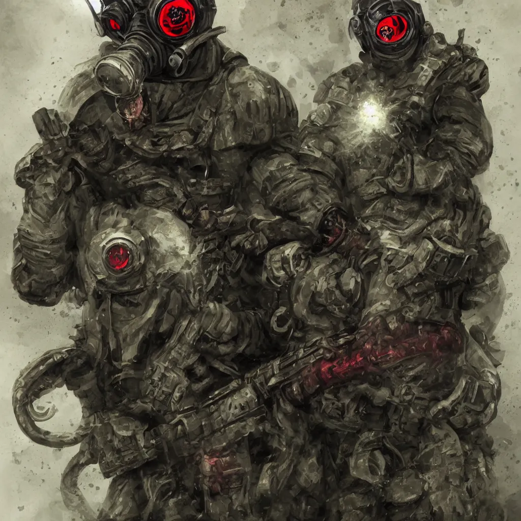 Image similar to soviet russian spetsnaz soldier wearing a demonic gasmask with glowing red eyes and three goggles and demonic tentacle instead of one arm, concept art, digital portrait, horror, creepy, concept art, military art, dark fantasy art, sci - fi, retrofuturism, artstation, highly detailed painting, art by eddie mendoza