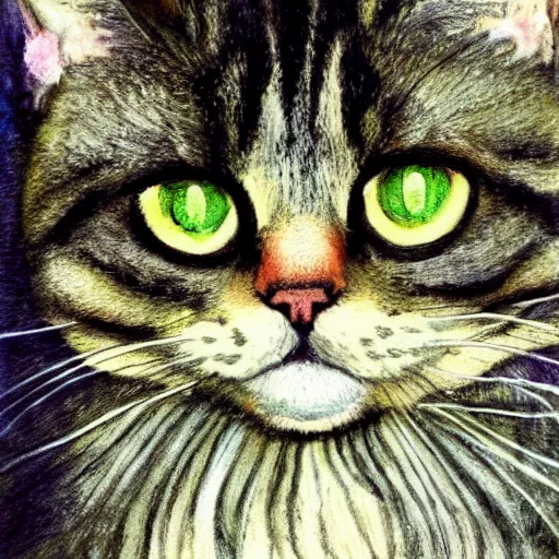 Prompt: portrait of a very fluffy dark tabby cat with green eyes, intricate, elegant, highly detailed, smooth, sharp focus, illustration, art by gustav klimt