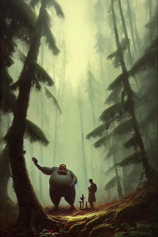 Image similar to great giant fat man with a moustache in the woods by bayard wu, anna podedworna, gaston bussiere, greg rutkowski