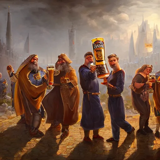 Image similar to an epic painting of the crusaders order of beer lovers, holding mugs of beer in their hands, oil on canvas, golden hour, beautiful detailed, photorealistic, digital painting, artstation, concept art, smooth, sharp focus, illustration, fantasy background, artstation trending, octane render, unreal engine