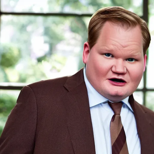 Image similar to Andy Richter is wearing a chocolate brown suit and necktie and is in a bedroom with a window letting in bright morning sunlight. Andy is sitting upright in a bed and is stretching his arm. His mouth his wide open as he yawns.