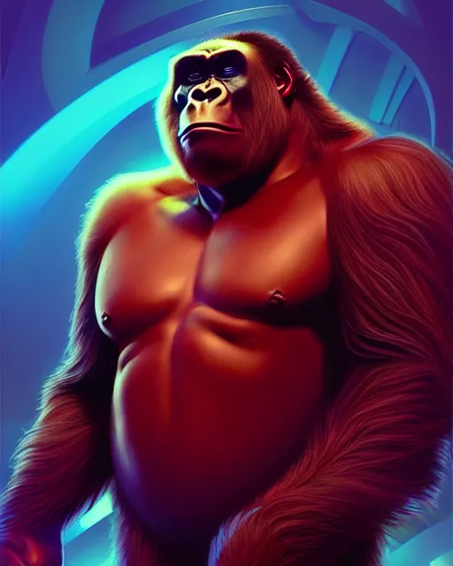 Image similar to gorilla bodied elon musk superhero, glam, power, glowing lights intricate, elegant, highly detailed, digital painting, artstation, concept art, smooth, sharp focus, illustration, art by artgerm and greg rutkowski and fra angelico and unreal engine 5