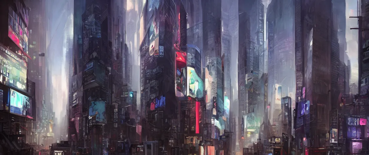 Image similar to huge modern downtown city, billboards, Times Square, dark, concept art, digital painting, style of jordan grimmer, warm lighting, futuristic, volumetric lighting, view from below, daytime, godrays , high detail