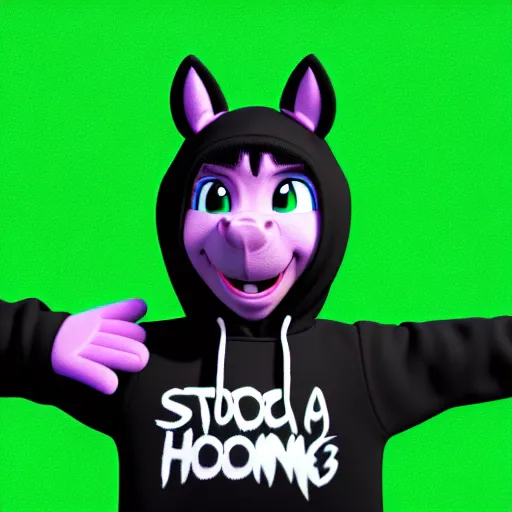 Image similar to a stoner with a black hoodie on with a marijuana themed green pony head from my little pony, 3 d, blender 3 d, render, beautiful