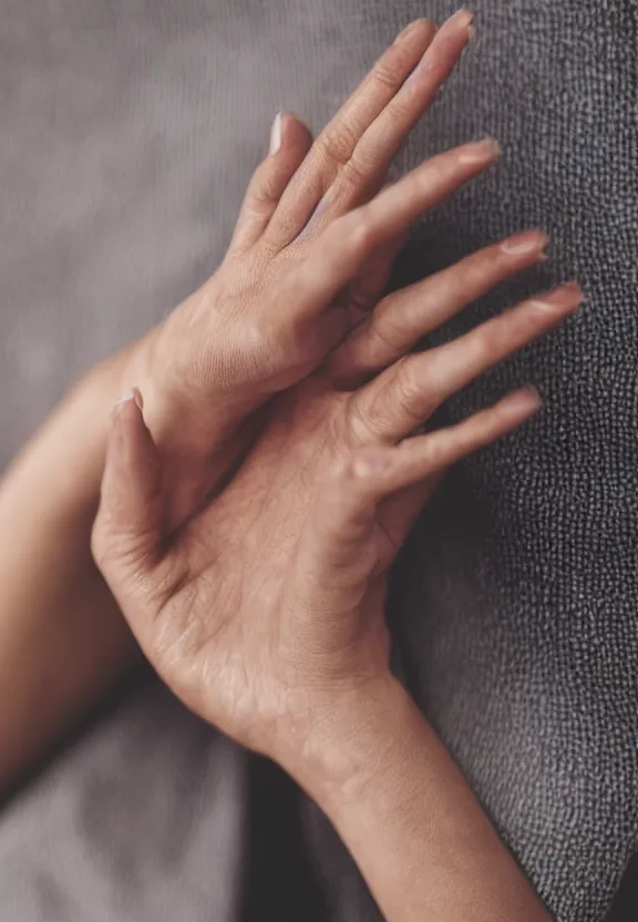 Image similar to a photo of one ultra detailed photorealistic woman's hand with palm up, back of hand on the table, palm pattern visible, instagram photo, studio photo, 9 0 mm, f / 1. 4