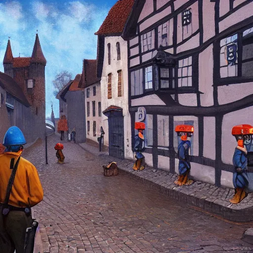 Prompt: a guard of the city watch patrols the cobbled streets of a medieval town, painted by simon stalenhag