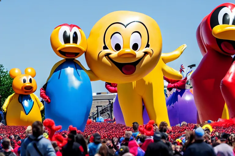 Image similar to photo of famous pop culture characters elaborate parade with deflated float characters designed by walt disney and all float characters are deflated!!!!!!!!!!!!!!, in the macys parade, detailed 4 k photo,