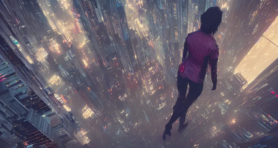 Image similar to a woman standing on the top of a building in a cyberpunk city, nighttime, raining, intricate artwork by Tooth Wu and wlop and beeple, octane render, hyper realism, 8k